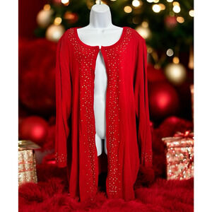Catherines Red Cardigan Sweater Sz 3X (26W/28W) Open Front Gold Studs Ribbed Top